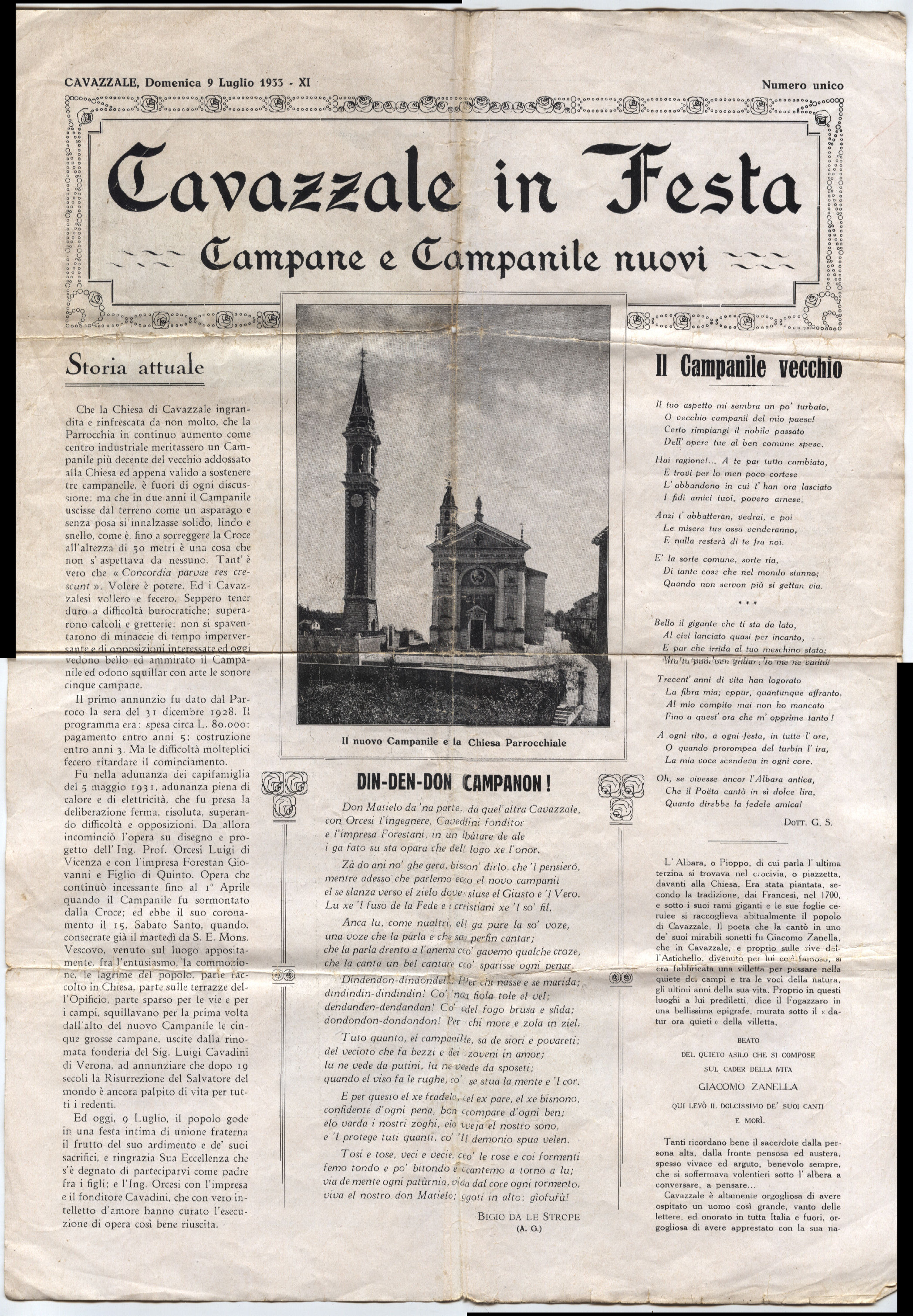 Fronte del foglio Cavazzale in Festa del 9 luglio 1933