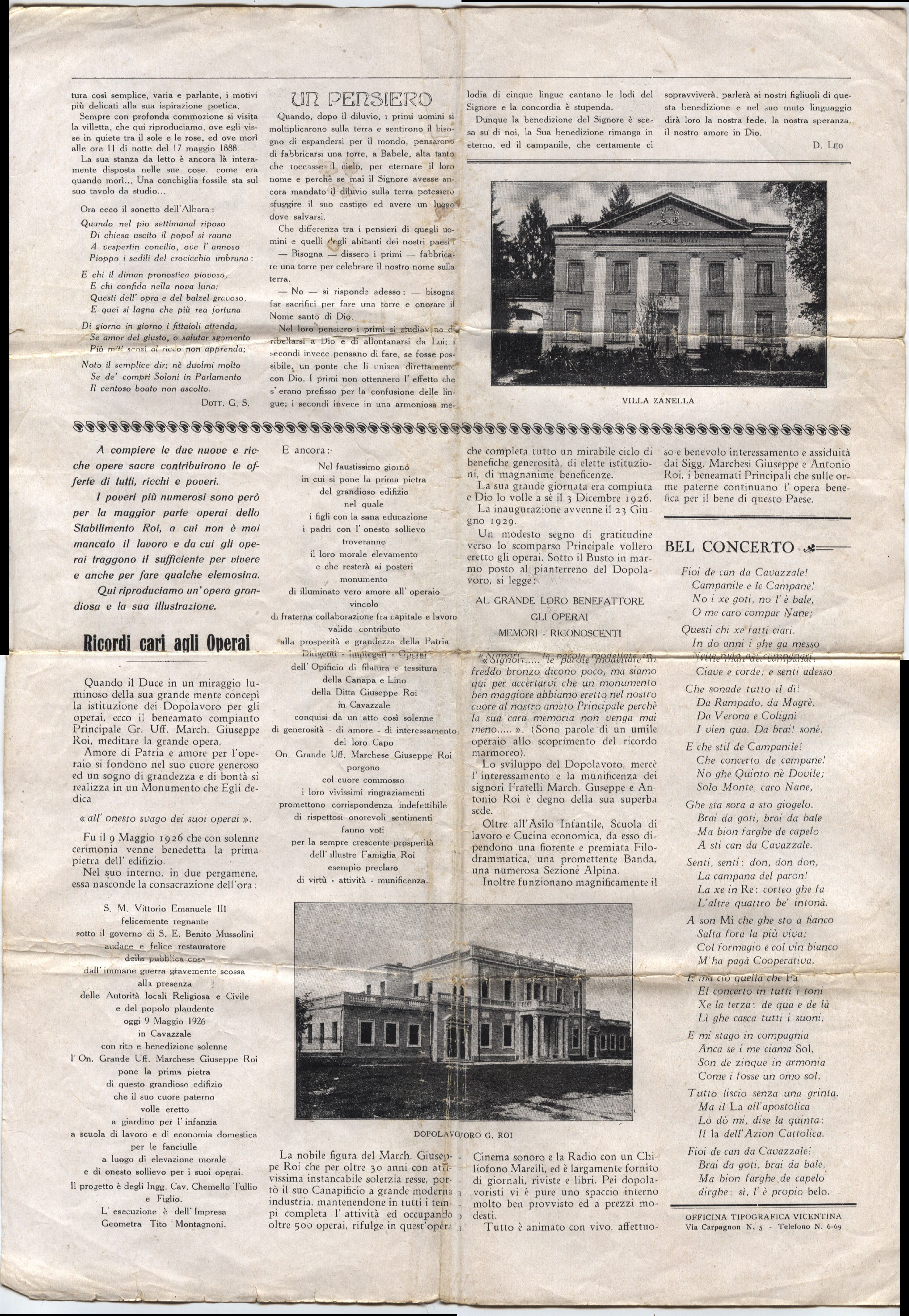 Retro del foglio Cavazzale in Festa del 1933, con Villa Zanella e il Dopolavoro G. Roi