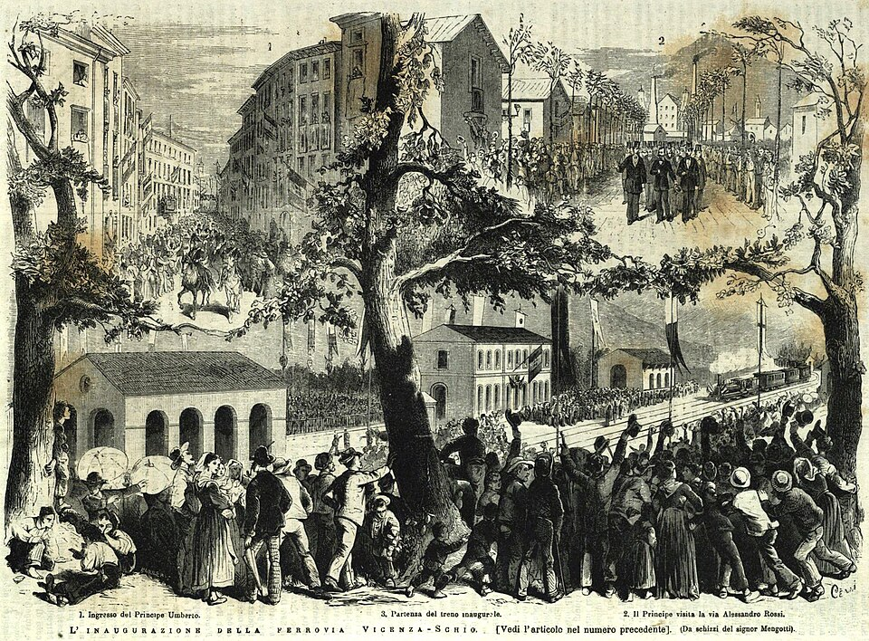 Incisione con tre momenti dell’inaugurazione della ferrovia Vicenza–Schio nel 1876