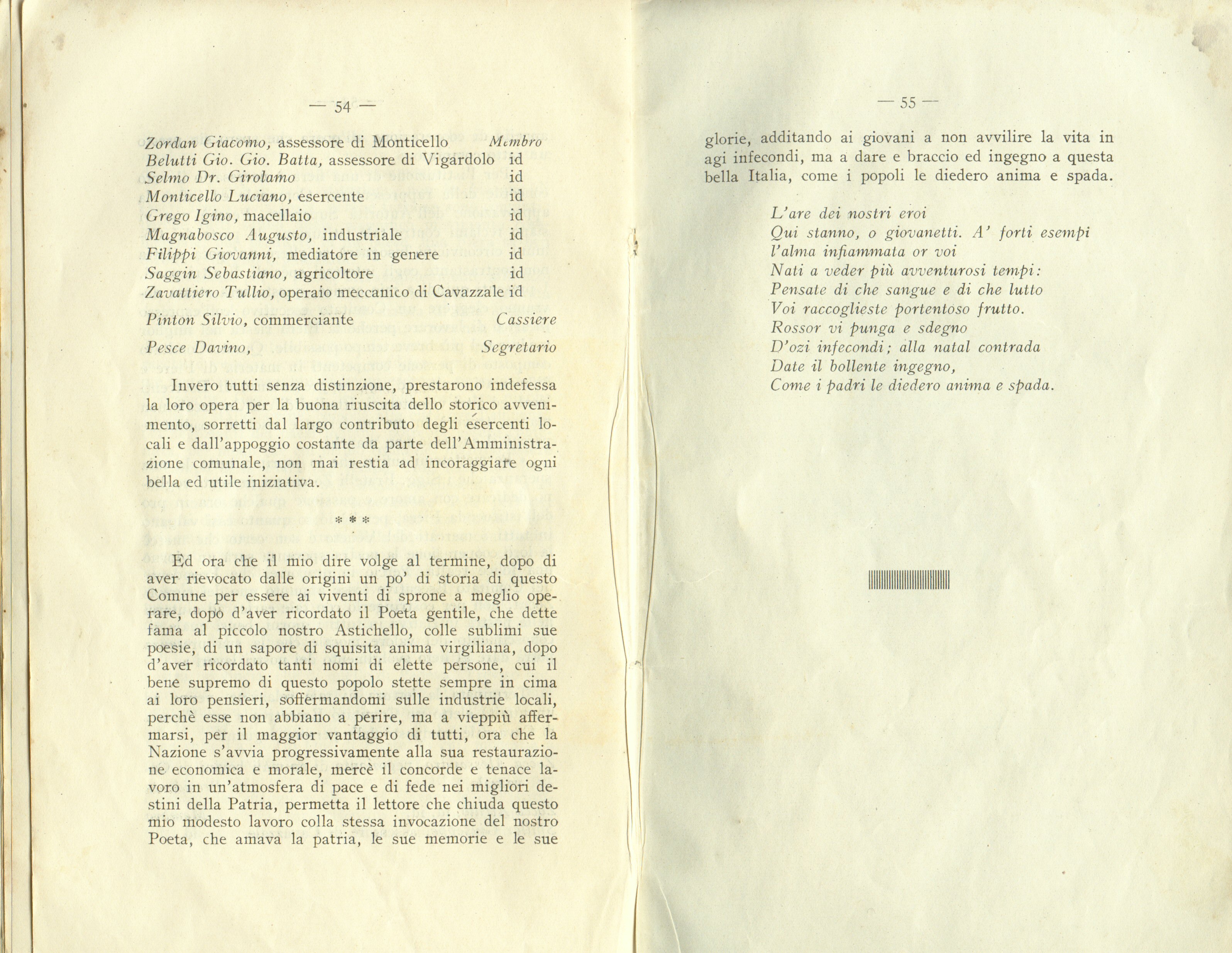 Pagine 54 e 55 del libretto di Davino Pesce con i componenti del Comitato pro Fiera