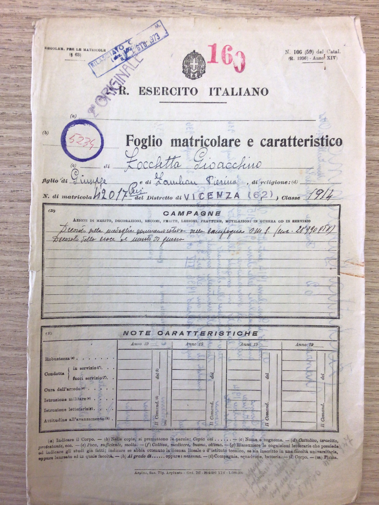 Foglio matricolare e caratteristico di Gioacchino Zocchetta