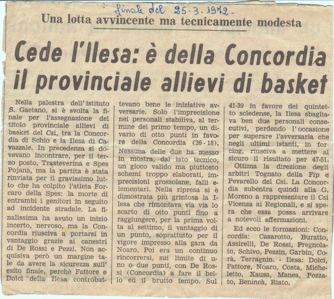 Articolo sulla finale Allievi CSI tra ILESA Cavazzale e Concordia Schio, annotata 25 marzo 1972
